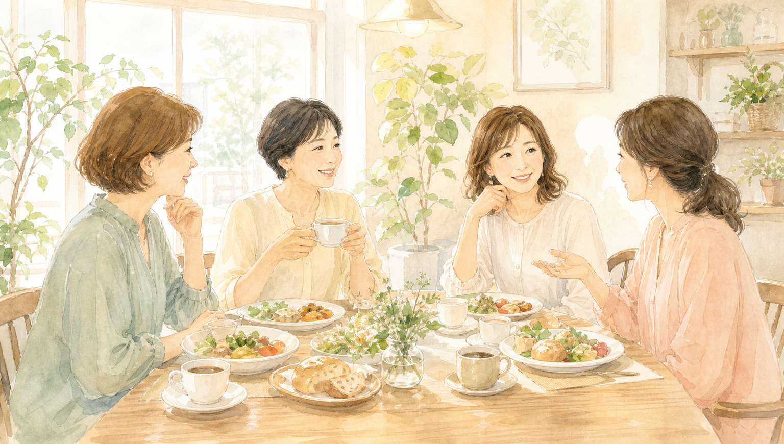 明るいカフェで、4人の女性がランチを囲みながら楽しそうにおしゃべりしている様子